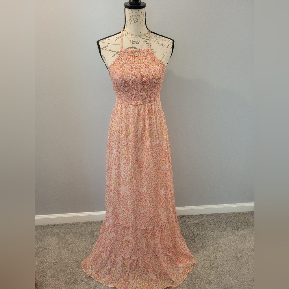 Pink Sequin Tie Front Halter Maxi Dress
